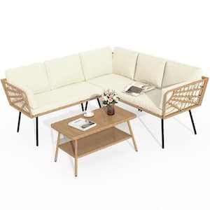Brown 4-Piece Rattan Wicker Steel Patio Outdoor Sectional Set and Coffee Table with Beige Cushions
