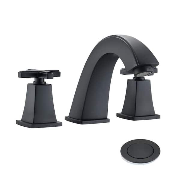 YASINU 8 in. Widespread Double Handles Deck Mount Mid Arc Spout Bathroom Faucet with Drain Kit Included in Matte Black