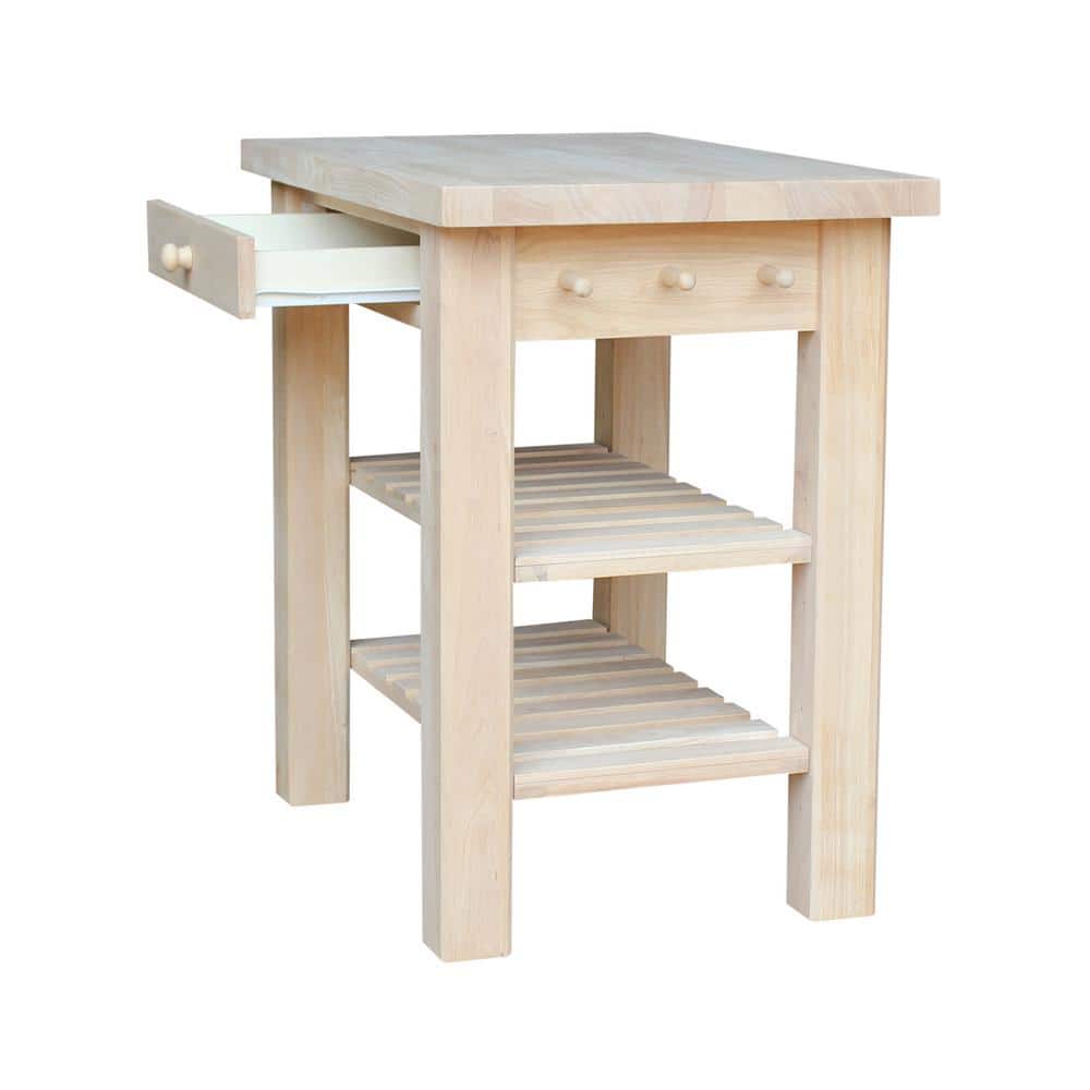 Natural Unfinished Parawood Kitchen Island with Drawer and Shelves