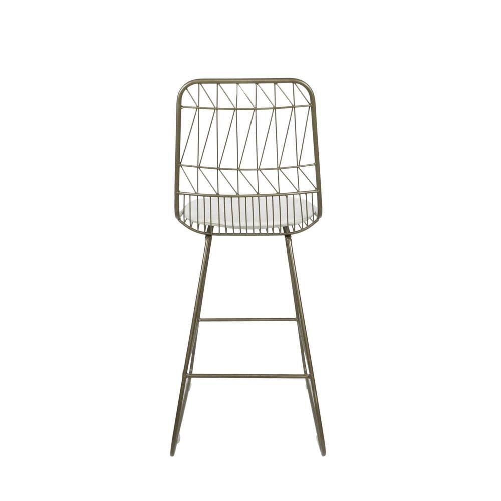 Set of 2 Light Brass Iron Counter Stools with Ivory Cushions