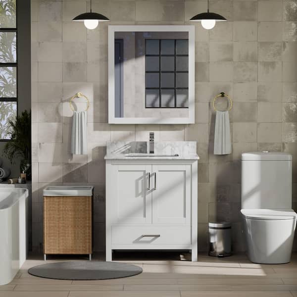 Jacques 30 in. W x 22 in. D White Bath Vanity, Carrara Marble Top, Faucet Set, and 28 in. Mirror