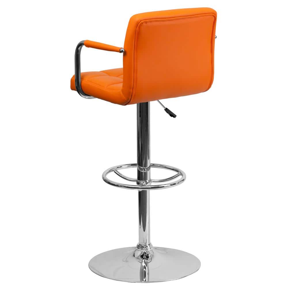 Contemporary Orange Quilted Vinyl Adjustable Swivel Barstool with Chrome Base