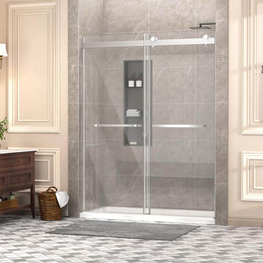 56 in. to 60 in. W x 75 in. H Double Sliding Frameless Shower Door in Brush