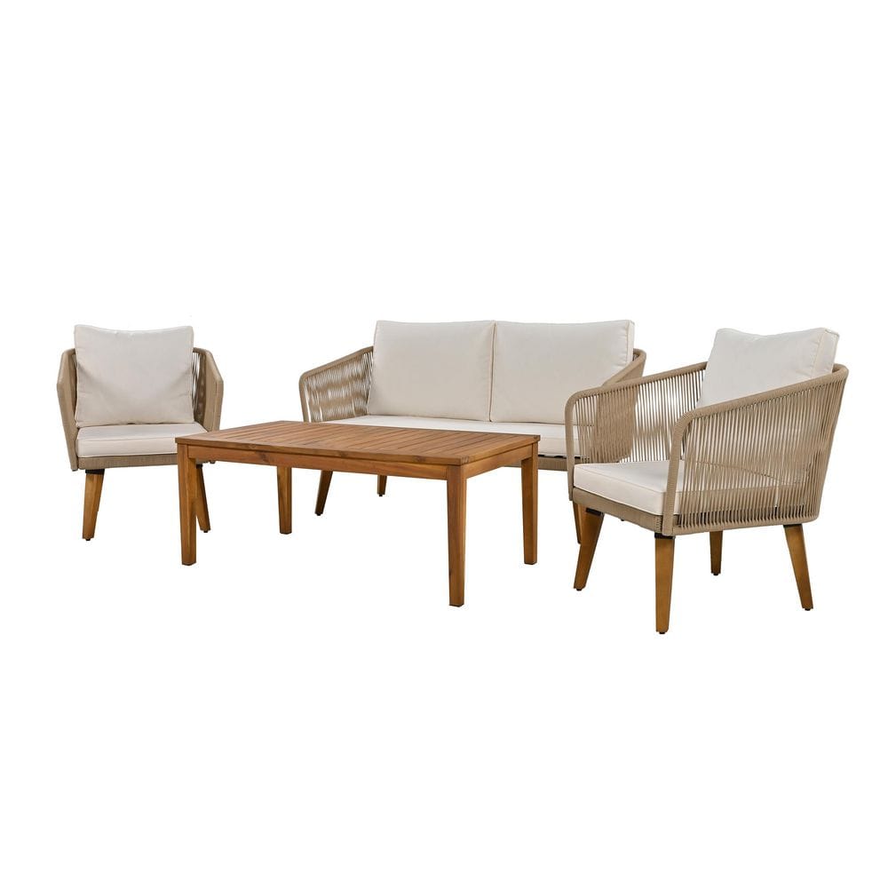 4-Piece Solid Wood Patio Conversation Set with Beige Cushions, 2 Chairs and