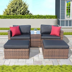 Brown 5-Piece PE Rattan Wicker Outdoor Sectional Set with Black Cushions, Red Pillows and Furniture Protection Cover