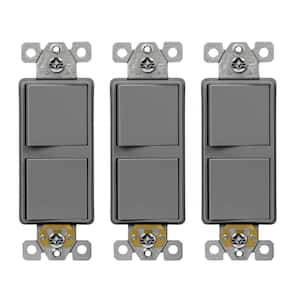 15A 120V-277VAC Double Paddle Rocker Decorator Light Switch, Single Pole, Residential/Commercial Grade in Gray (3-Pack)