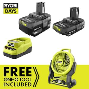 ONE+ 18V Lithium-Ion 4.0 Ah Battery, 2.0 Ah Battery, and Charger Kit with FREE ONE+ Hybrid WHISPER SERIES 7-1/2 in. Fan