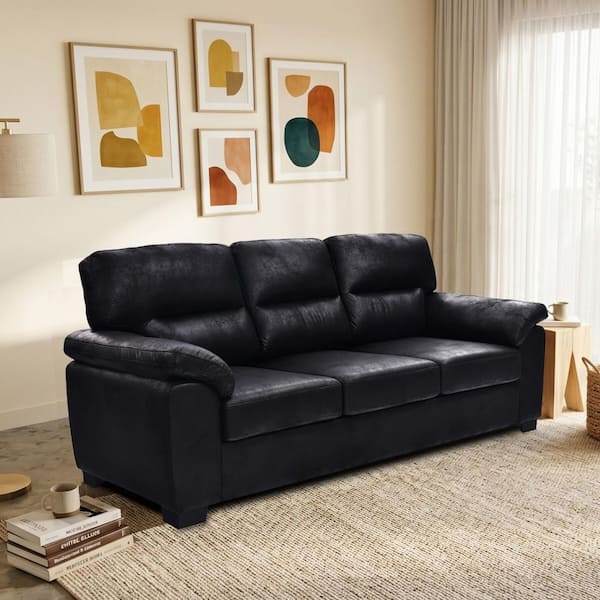 Modern 81 in. Pillow Top Arms Fabric Upholstered Rectangle Sofa in Black with Black Triangular Legs