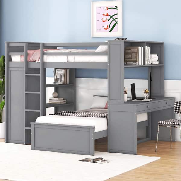 Gray Full Size Loft Bed with a Twin Size Stand-Alone Bed, Shelves, Desk and Wardrobe