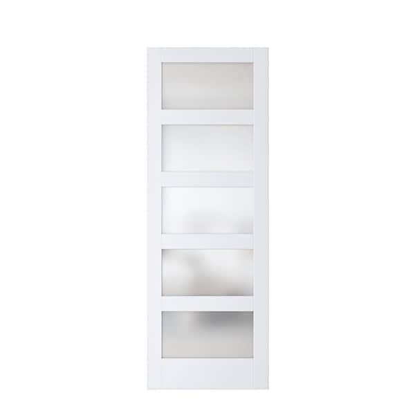 ARK DESIGN 30 in. x 84 in. 5-Lite Tempered Frosted Glass White MDF Barn Door Slab without Hardware Kit