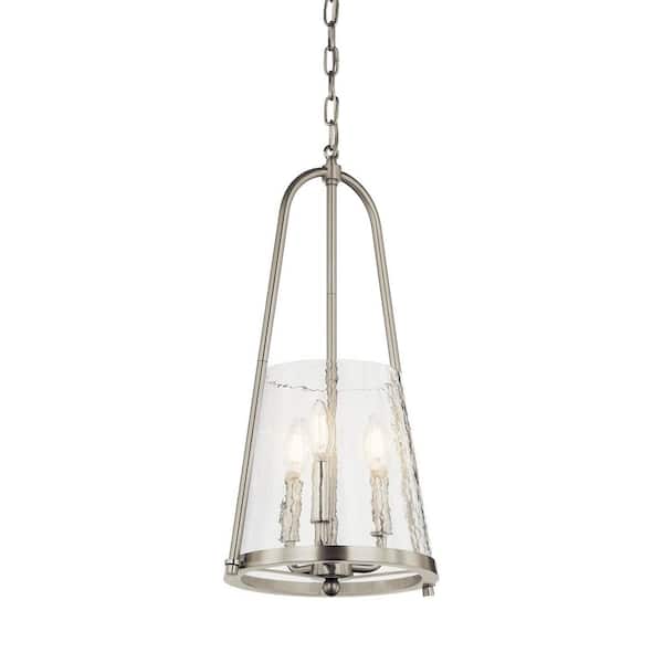 Nerine 3-Light Brushed Nickel Foyer Pendant with Hammered Glass