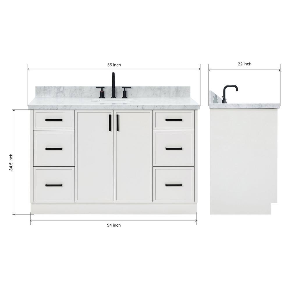Kelly 55" White Solid Wood Single Sink Vanity with Carrara Marble Top