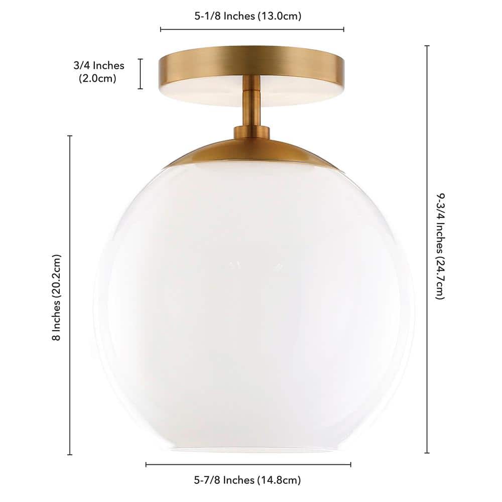 Modern Brass Globe Ceiling Light with White Milk Glass - 9"