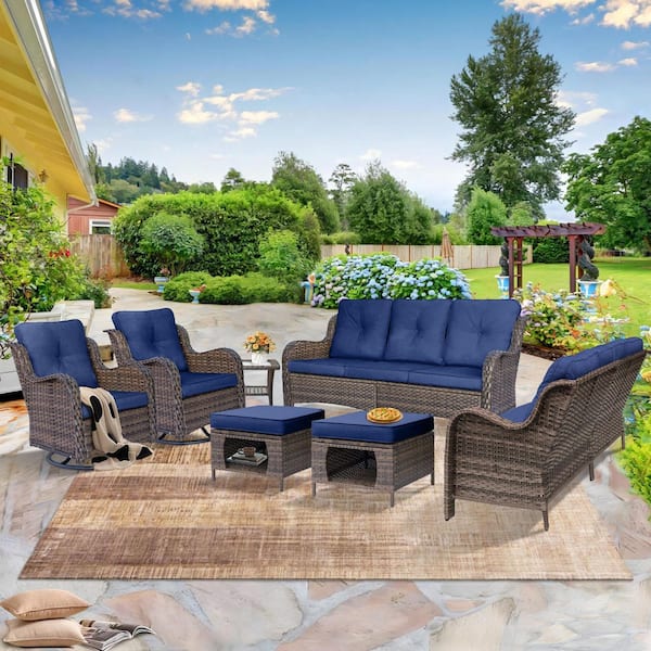 Brown 7-Piece Wicker Patio Conversation Sofa Seating Set Outdoor Rattan Swivel Chairs with Navy Blue Cushions