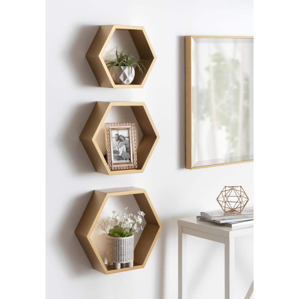 Gold Hexagon Floating Wood Wall Shelf Set