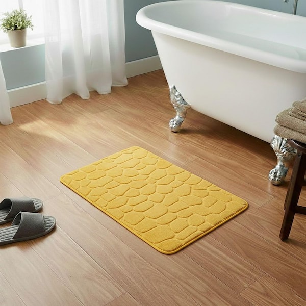 3D Cobble Stone Yellow Mustard 20 in. W x 32 in. L Memory Foam Microfiber Bath Mat Non Slip