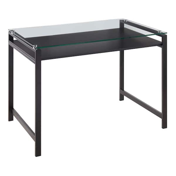 Lumisource Hover 43.5 in. Rectangular Black Metal and Clear Glass Writing Desk with Black Wood Floating Shelf