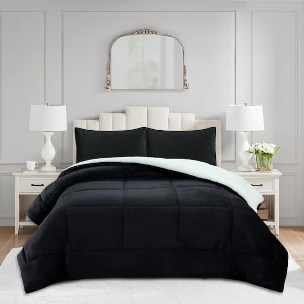 MEB517 Black Plaid Queen Size Polyester Soft Plush Sherpa Comforter Set