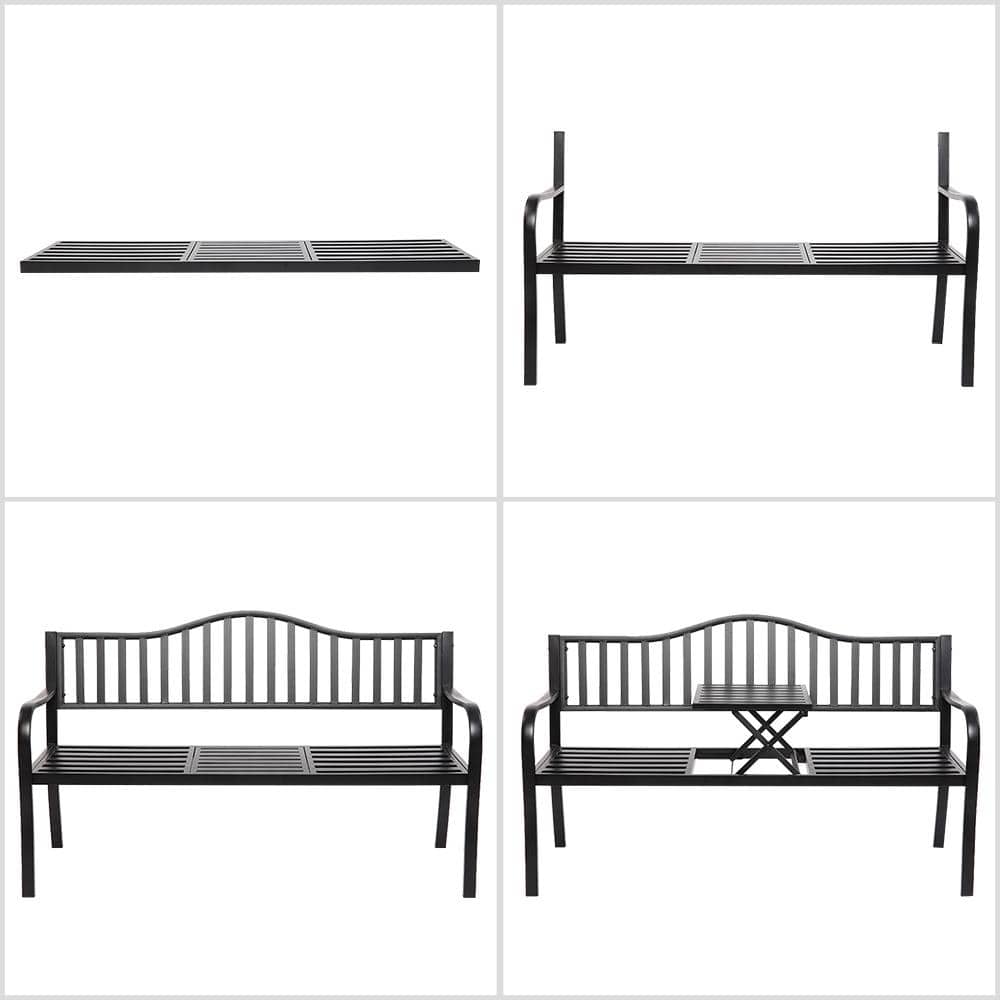 Black Steel Outdoor Bench with Built-In Table, 59"