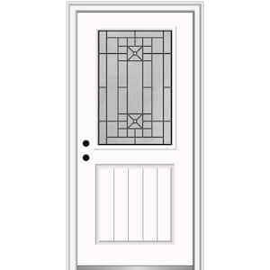 36 in. x 80 in. Courtyard Right-Hand 1/2-Lite Decorative Planked Painted Fiberglass Prehung Front Door, 4-9/16 in. Frame