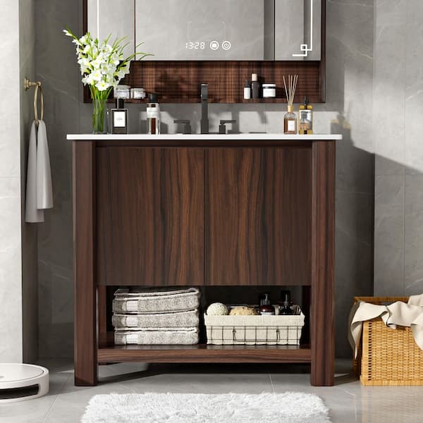 36 in. Freestanding Dark Brown Bath Vanity with White Ceramic Top, 45° Free-Handle Design Soft-Closing Doors