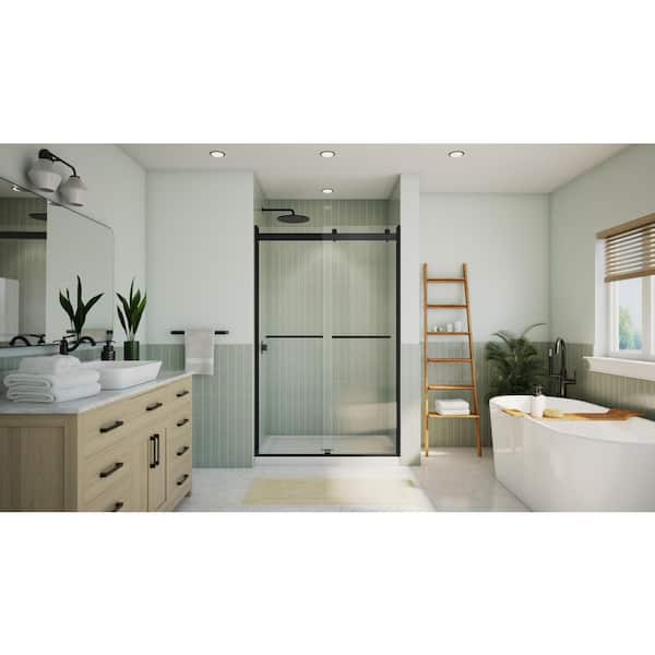 DreamLine Essence-H 44 in. to 48 in. W x 76 in. H Sliding Semi-Frameless Shower Door in Matte Black with Clear Glass