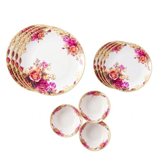 12-Piece White Porcelain Vintage Floral Dinnerware Set with Gold Rim (Service for 4), Chip and Scratch Resistant