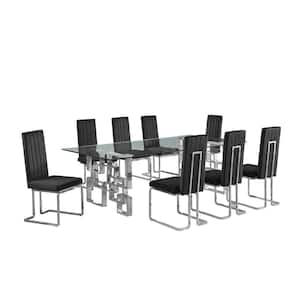 Dominga 9-Piece Rectangular Glass Top With Stainless Steel Base Dining Set With 8 Black Velvet Fabric Chrome Chair