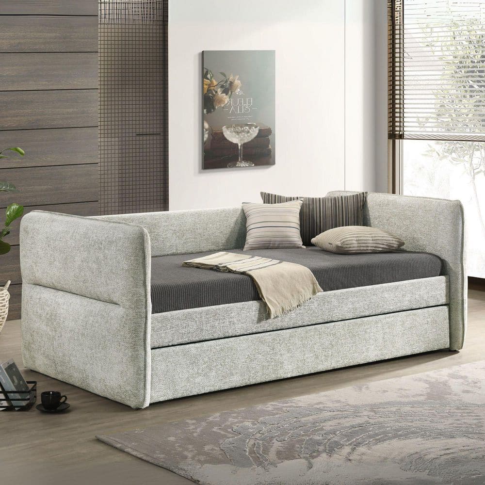 Mighty Light Green Fabric Upholstered Twin Size Daybed with Pull Out Trundle, Button Tufted Nailhead