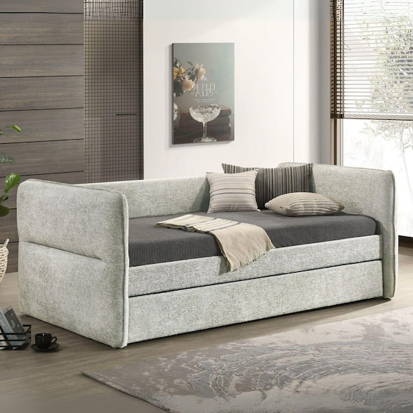 Light Gray Fabric Upholstered Full Size Daybed with Pull Out Trundle, Button Tufted Nailhead