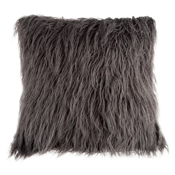 Dark Gray 18 in. W x 18 in. L Faux Mongolian Fur Decorative Throw Pillow
