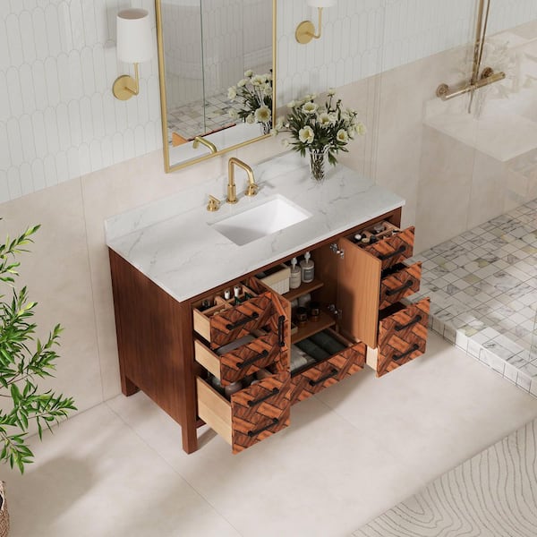 48 in. W x 22 in. D x 34 in. H Freestanding Caramel Woven Brown Bath Vanity with White Engineered Stone Top, Eco Wood