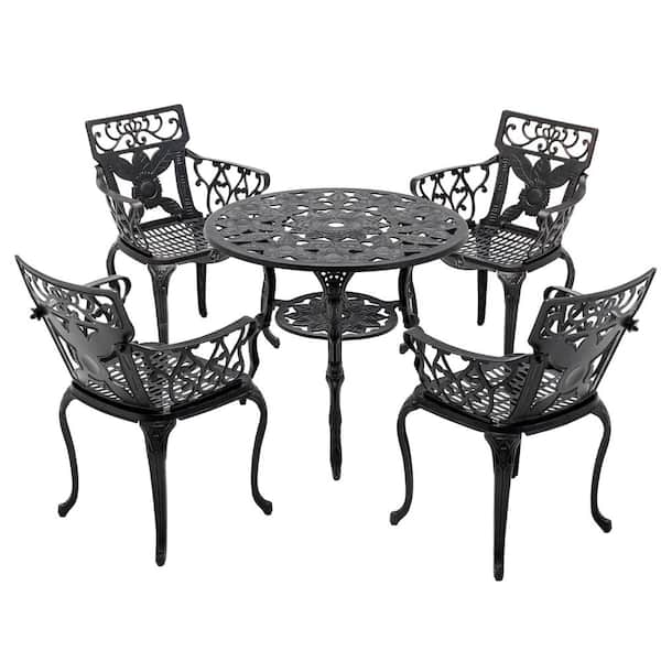 HOMEFUN 5-Piece Antique Bronze Aluminum Sunflower Outdoor Patio Dining Set with 4 Chairs and Umbrella Hole