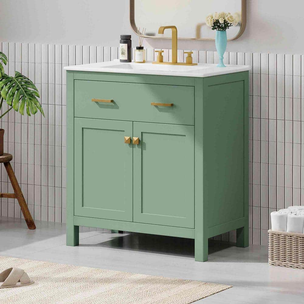 30-Inch Green MDF Freestanding Single Sink Vanity with White Ceramic Top