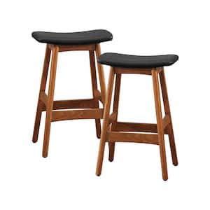 Lillie 25.5 in. Walnut Finish Wood Counter Height Stool with Matt Black Faux Leather Seat (Set of 2)