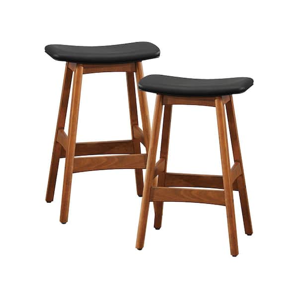 Unbranded Lillie 25.5 in. Walnut Finish Wood Counter Height Stool with Matt Black Faux Leather Seat (Set of 2)