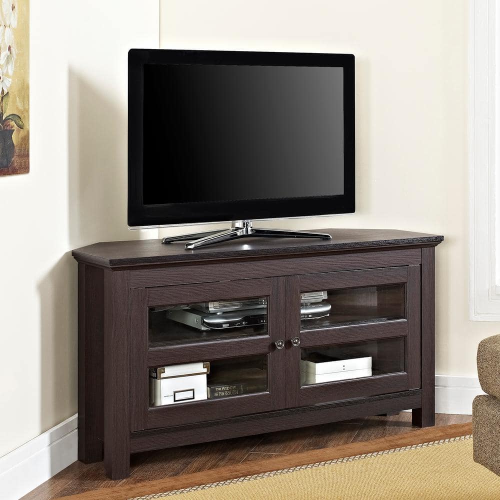 Espresso Corner TV Console with Cabinet and Glass Doors