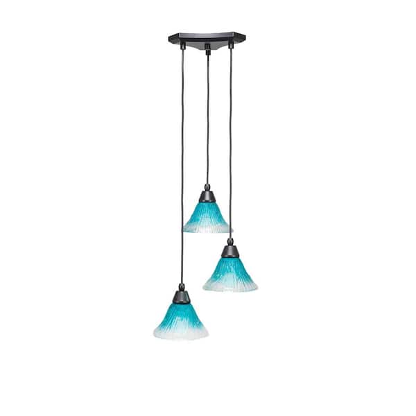 Unbranded Condor 3 Light Matte Black, Cluster Pendant Light with 7 in. Teal Crystal Glass Shades, No bulbs included