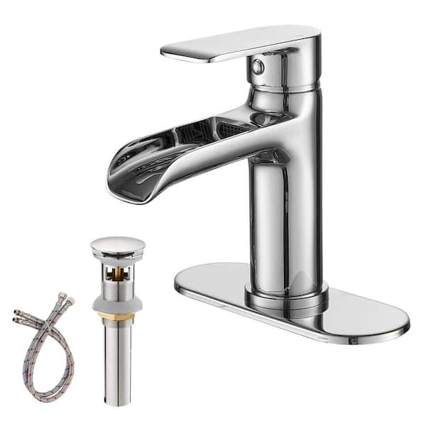 Single Handle Waterfall Bathroom Faucet in Polished Chrome with Deck Plate and Drain