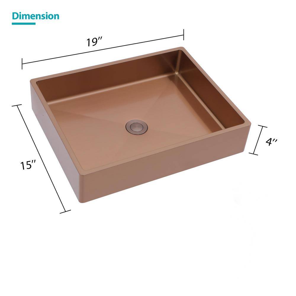 19" Rose Gold Stainless Steel Rectangular Bathroom Sink with Pop-Up Drain