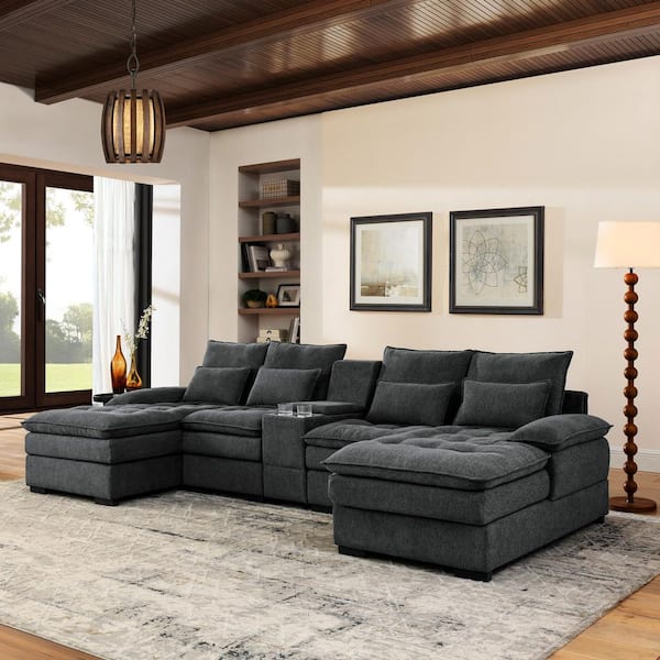 Martina 130 in. Fabric U-Shaped Sectional Sofa in Grey with Console, Cup Holders
