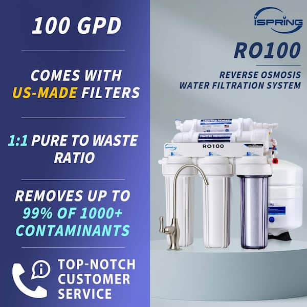 5-Stage 100 GPD Reverse Osmosis Drinking Water Filtration System 1:1 Pure to Waste Ratio, US Made Filters