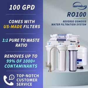 5-Stage 100 GPD Reverse Osmosis Drinking Water Filtration System 1:1 Pure to Waste Ratio, US Made Filters