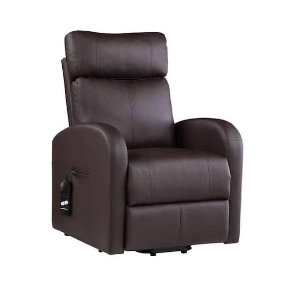 Benjara Brown Faux Leather Power Lift Recliner Chair with Wired Controller