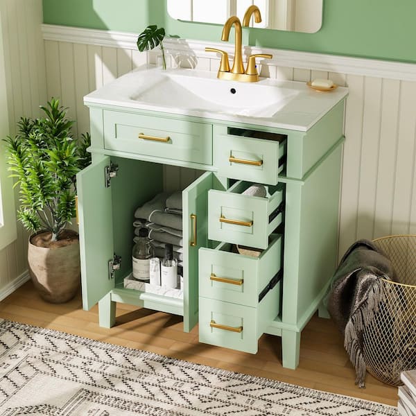 30 in. Single Sink Green Bath Vanity with White Ceramic Top (Self Assembly Needed)