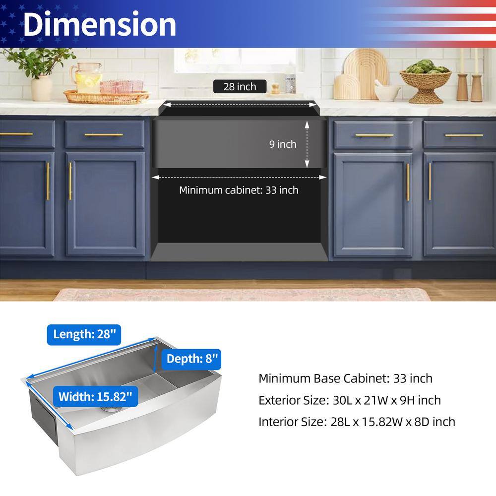 30'' Stainless Steel Farmhouse Single Bowl Kitchen Sink with Accessories