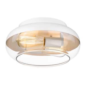 11.5 in. 2-Light White and Gold Flush Mount with Clear Glass Shade and No Bulbs