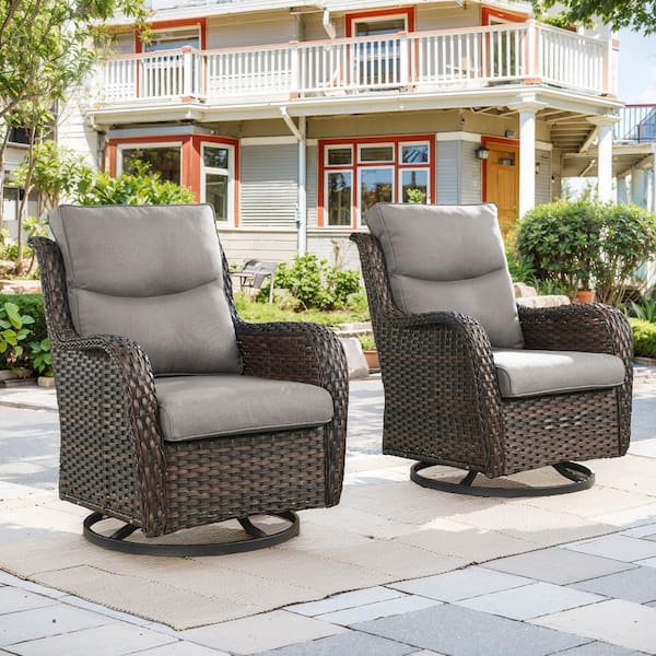 moosprr Brown Swivel Glider Wicker Outdoor Rocking Chair with Gray Cushions (2-Pack)