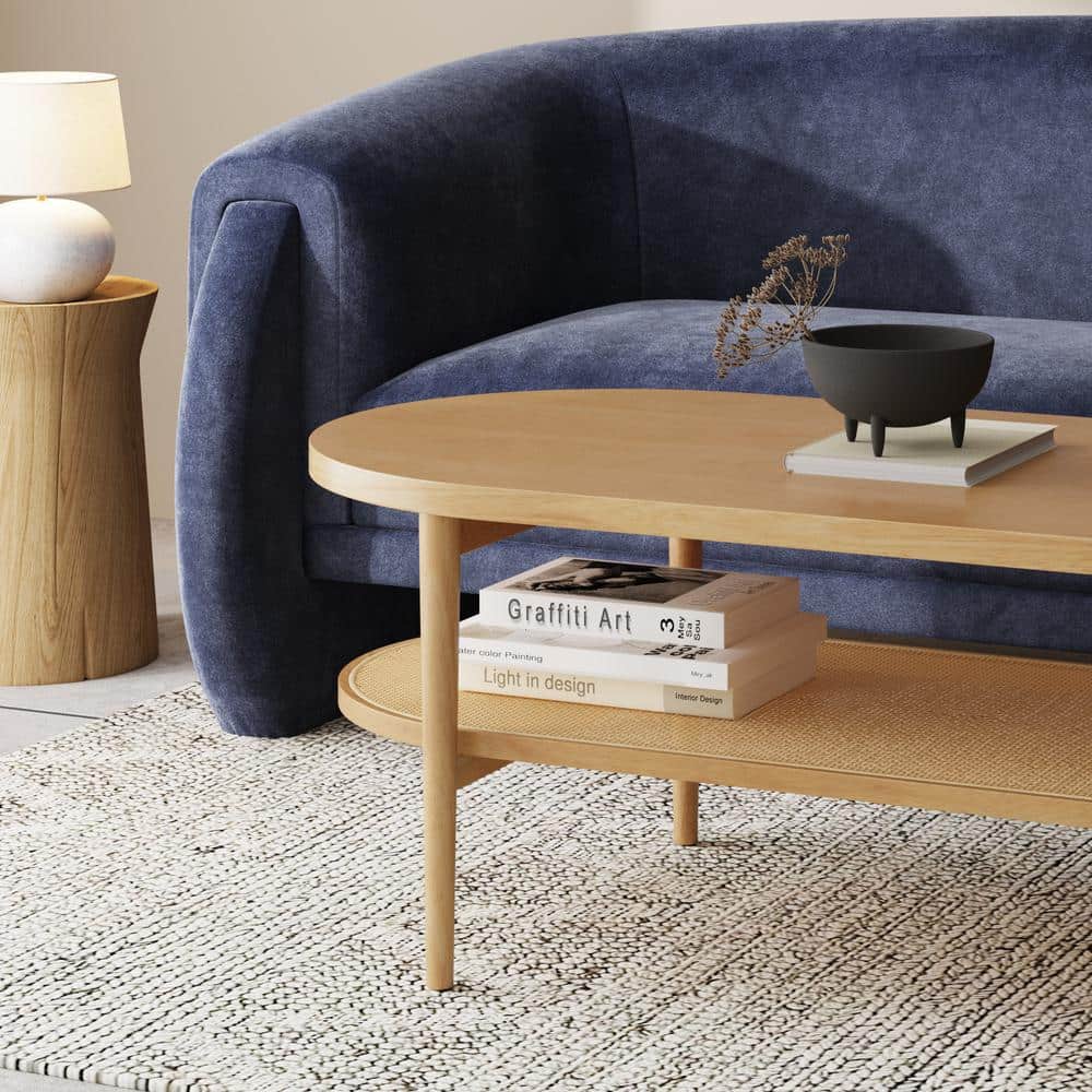 Sonia Bohemian Oval Light Wood Coffee Table with Rattan Storage