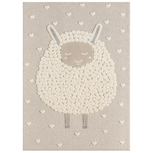 Medina Fluffy Loving Sheep Beige 8 ft. x 10 ft. Kids Rug